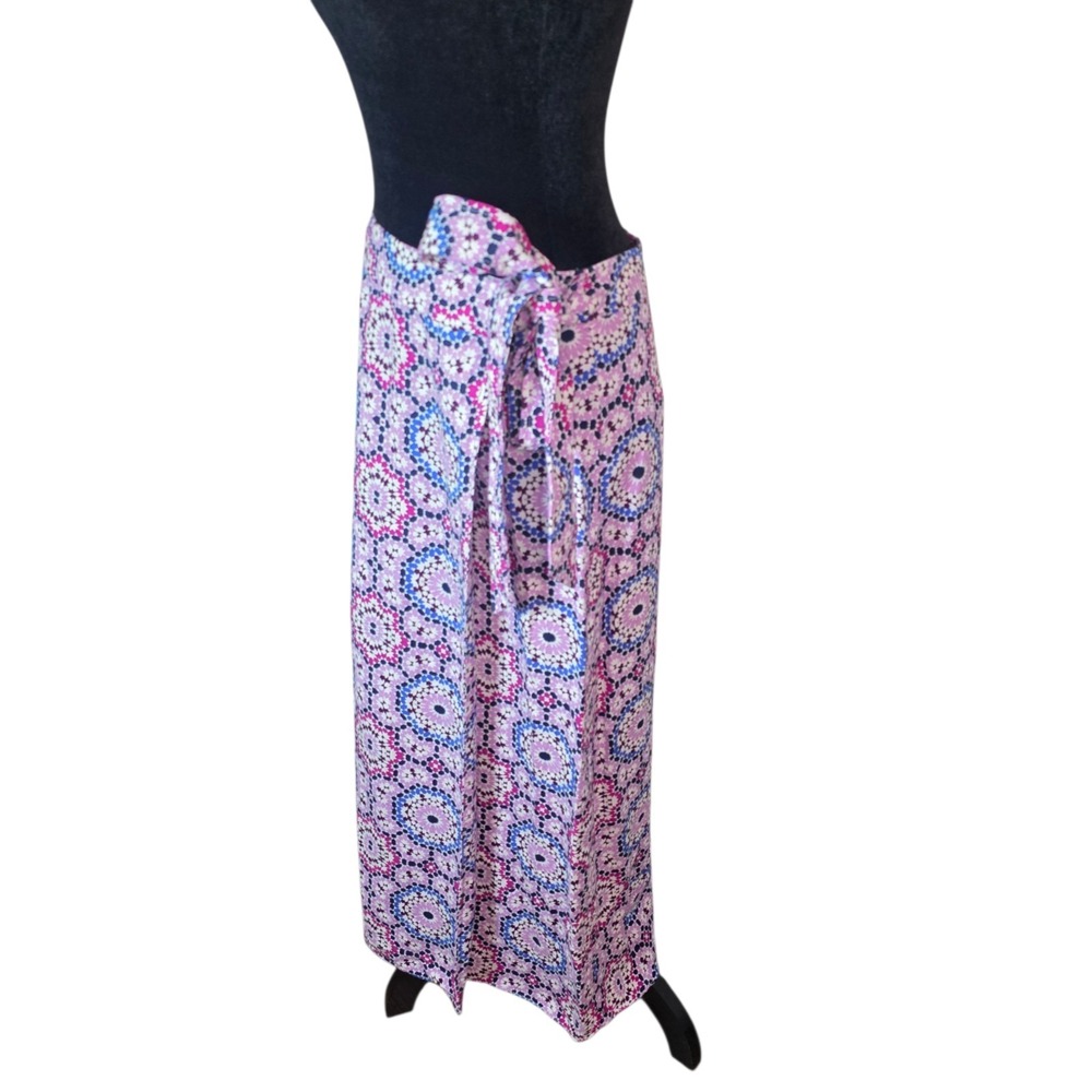 LOFT Linen Blend Wrap Midi Skirt Women 8 Boho Geometric Tie Waist Pink Blue - Picture 3 of 11